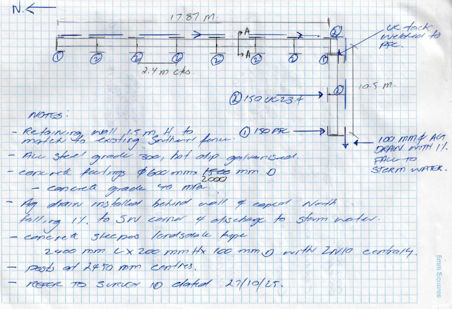 Engineering layout and notes for a retaining-wall design