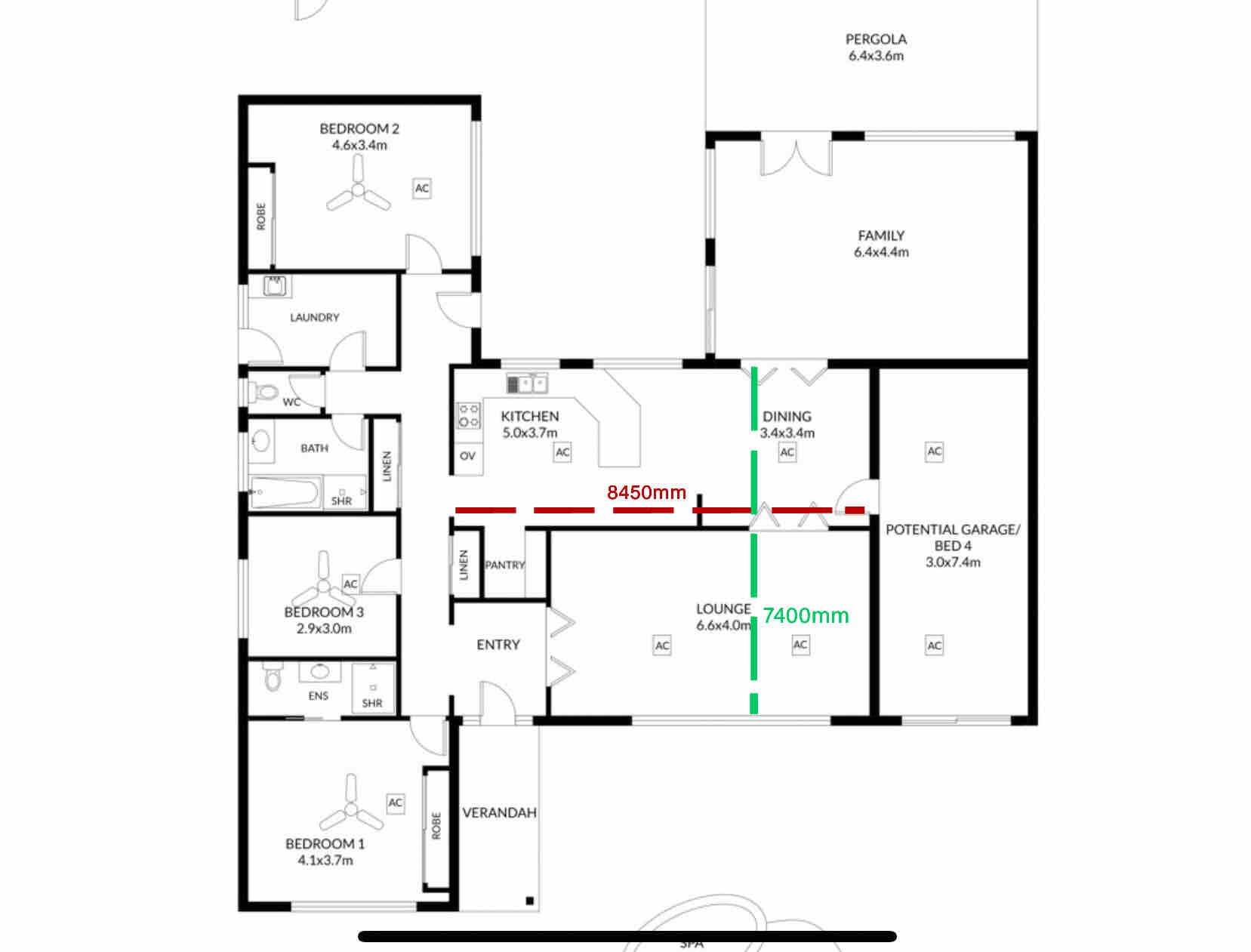 Residential floor plan marked with two proposed wall openings